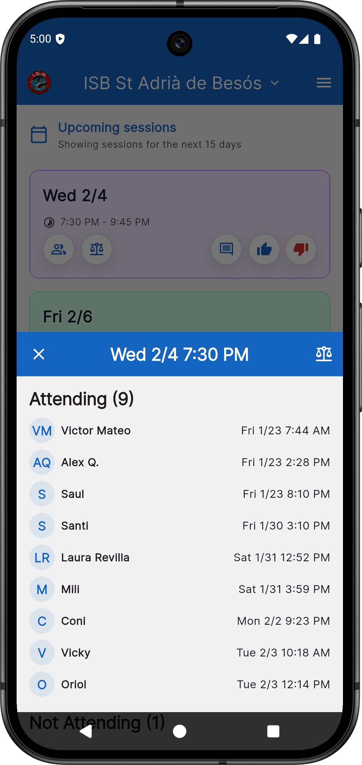Shula attendance tracking screen
