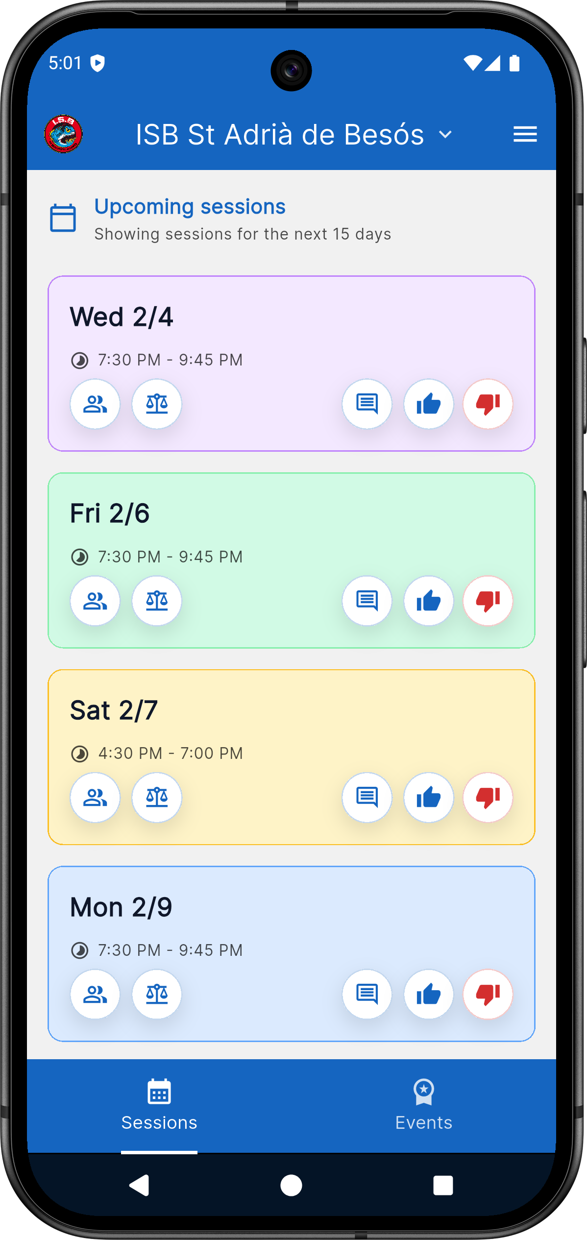 Session list with attendance indicators
